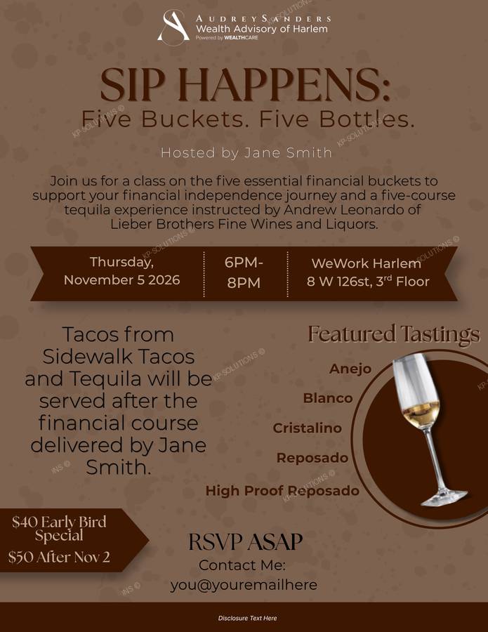 Event flyer design for a financial literacy and tequila tasting evening