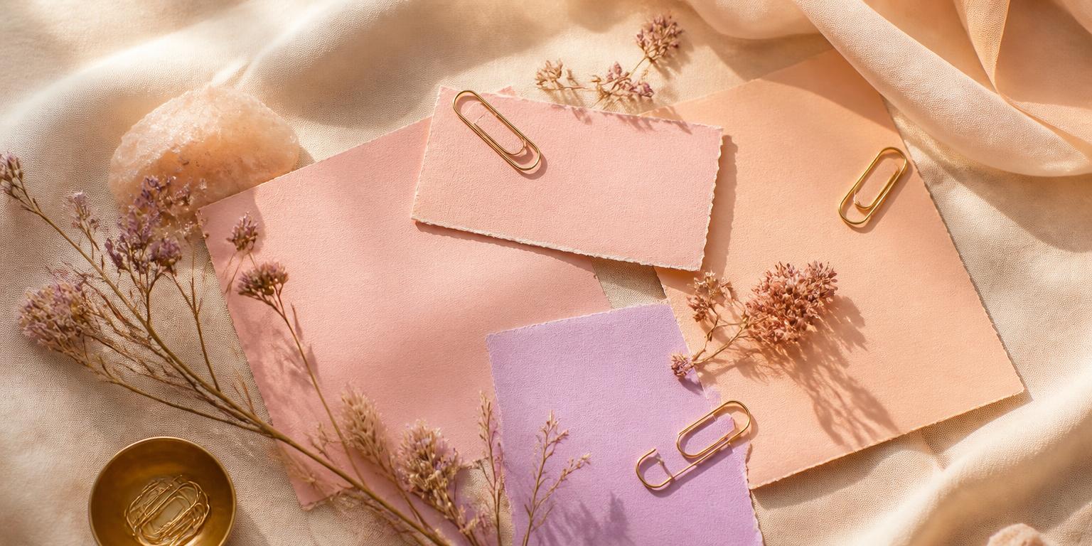 Blush, peach, and lavender paper swatches with dried flowers on cream linen