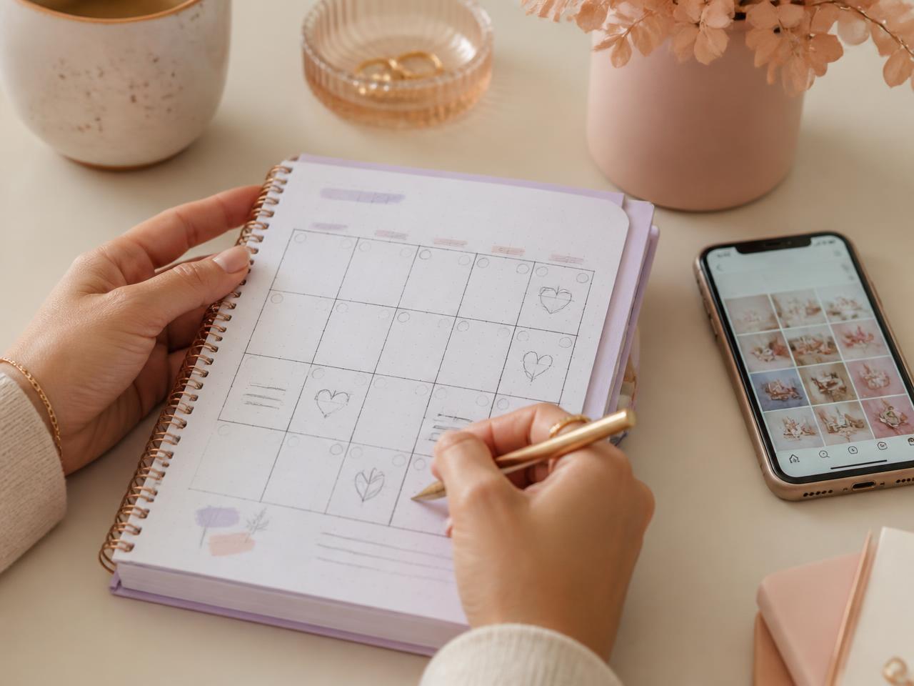 Hands planning a monthly content calendar beside a phone showing a social feed