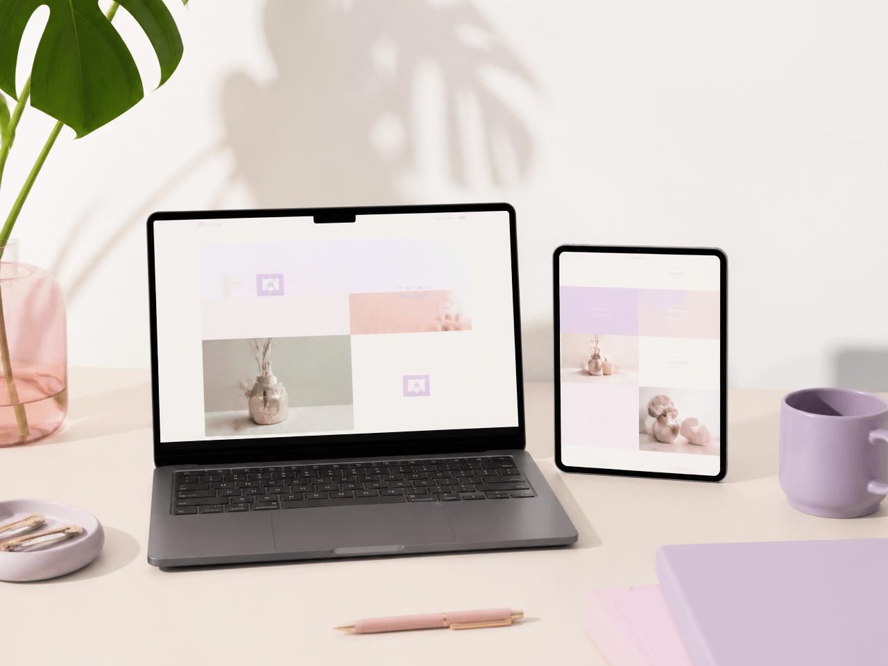 Laptop and tablet displaying a soft pastel website layout